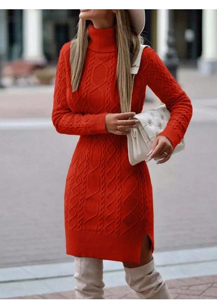 Kadın Uzun Kollu Loren Yünlü Motifli Midi Boy Triko Elbise fiyatları