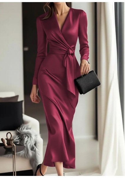 Kadın Uzun Kollu Kruvaze Yakalı Beli Kuşaklı Uzun Saten Elbise