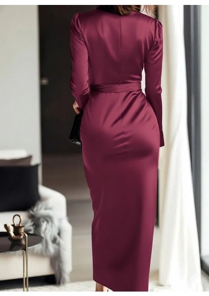 Kadın Uzun Kollu Kruvaze Yakalı Beli Kuşaklı Uzun Saten Elbise modelleri