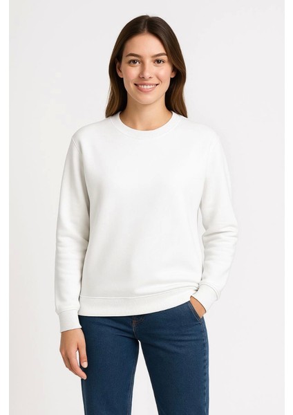 Üç Iplik Düz Bisiklet Yaka Sweatshirt - Beyaz modelleri