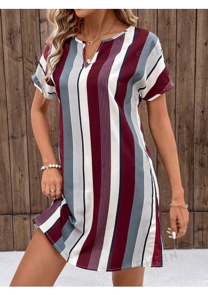 Kadın Kısa Kollu V Yakalı Çizgi Baskılı Süprem Elbise fiyatları