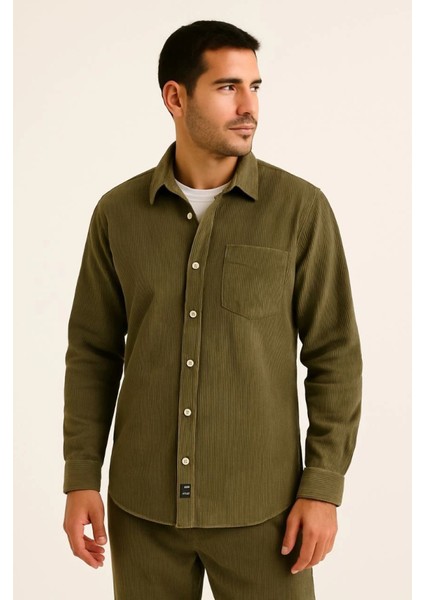 Erkek Fitilli Kadife Cepli Gömlek Oversize Rahat Kalıp - Haki fiyatları