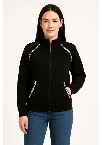Oversize Dik Yaka Fermuarlı Sweatshirt - Zincir Nakışli Kanguru Cepli, - Siyah