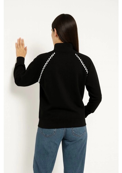 Oversize Dik Yaka Fermuarlı Sweatshirt - Zincir Nakışli Kanguru Cepli, - Siyah fiyatları