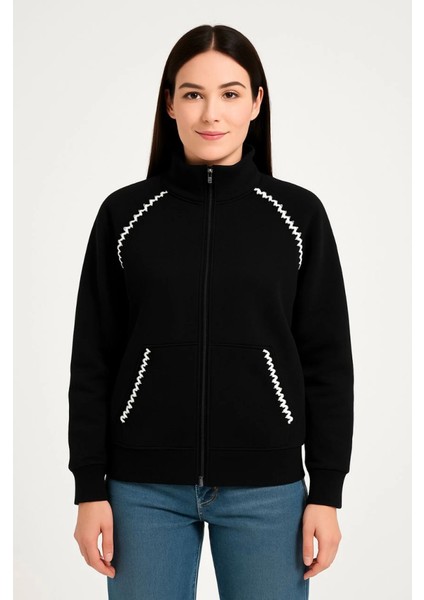 Oversize Dik Yaka Fermuarlı Sweatshirt - Zincir Nakışli Kanguru Cepli, - Siyah modelleri