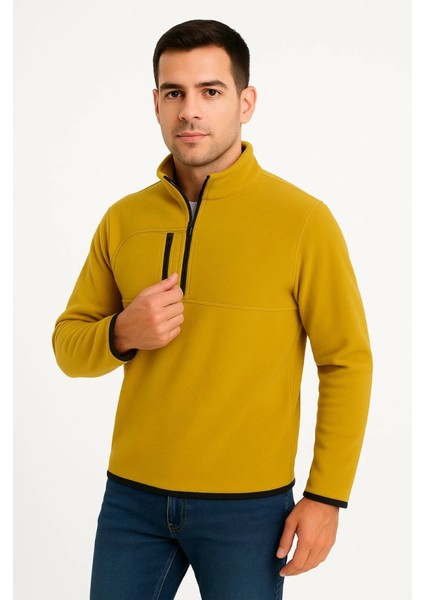 Erkek Polar Kazak – Dik Yaka, Yarım Fermuarlı, Fermuarlı Göğüs Cepli, Siyah Biyeli, Kışlı