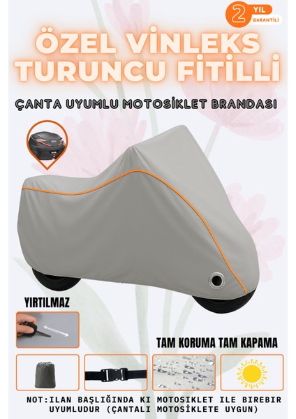 Turuncu Fitilli Yuki Tekken Gri Vinleks Çanta Uyumlu Motosiklet Brandası(Özel Kumaş)