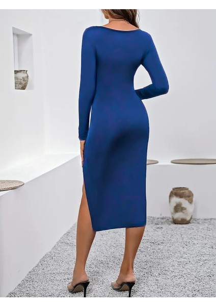 Kadın Uzun Kollu Göğüs ve Göbek Dekolte Detay Sandy Midi Boy Elbise modelleri