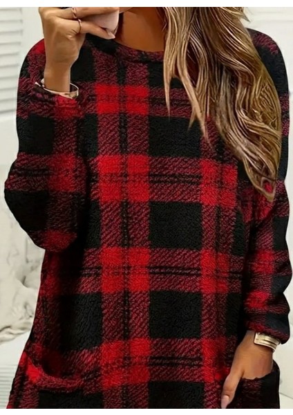 Kadın Uzun Kollu Yarı Balıkçı Yakalı Cep Detaylı Ekoseli Dokuma Tunik fiyatları