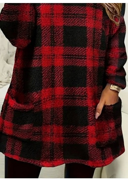 Kadın Uzun Kollu Yarı Balıkçı Yakalı Cep Detaylı Ekoseli Dokuma Tunik modelleri