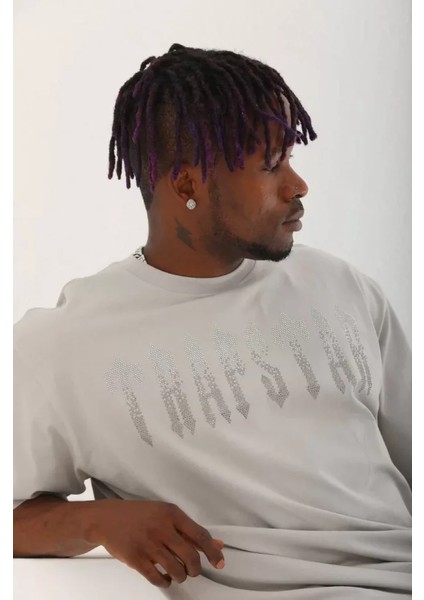 Unisex Oversize Taşlı Bisiklet Yaka T-Shirt - Gri fırsatları