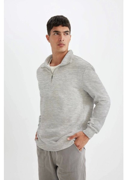 Unisex Uzun Kol Yarım Farmuarlı Yakalı Basic Sweatshirt - Gri