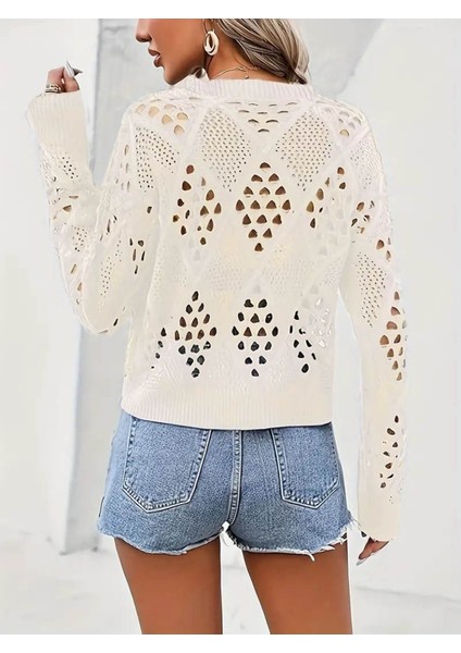 Kadın Uzun Kollu Yuvarlak Yaka Delik Desenli Triko Bluz fiyatları