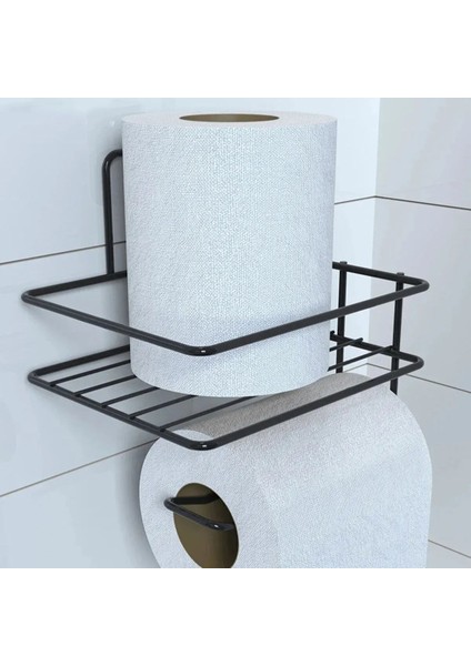 Buffer® Kendiliğinden Yapışkanlı Tuvalet Kağıdı Tutacağı ve Yedek Raf - Siyah Modern Metal