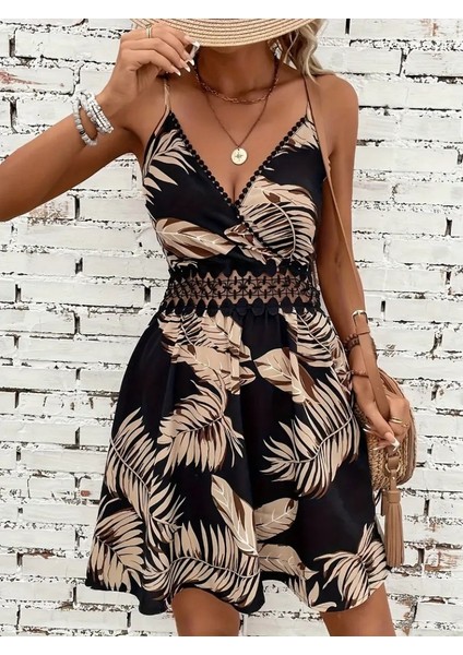 Kadın Ip Askılı Kruvaze Yakalı Desenli Mini Süprem Mini Elbise