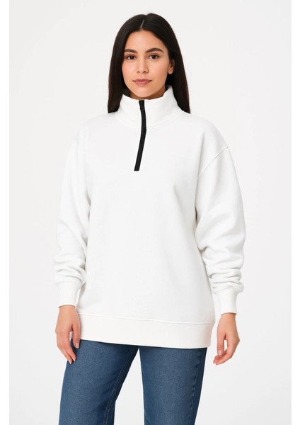 Üç Iplik Dık Yaka Yarım Fermuarlı Sweatshirt - Beyaz modelleri