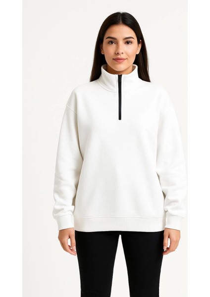 Üç Iplik Dık Yaka Yarım Fermuarlı Sweatshirt - Beyaz fırsatları