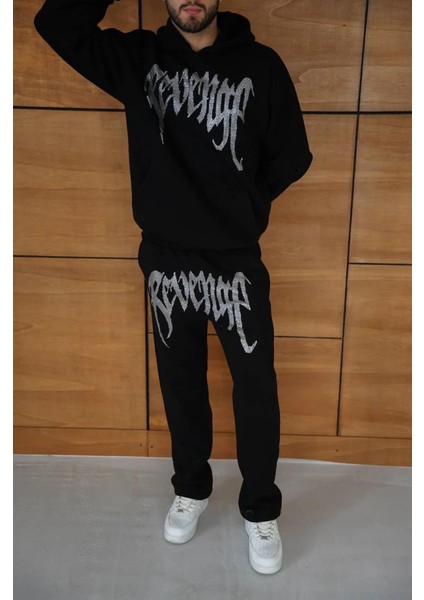 Erkek Premium Taş Baskılı Eşofman Takım Revenge Model (Siyah) Kapüşonlu Üst + Taşlı Baskı fiyatları
