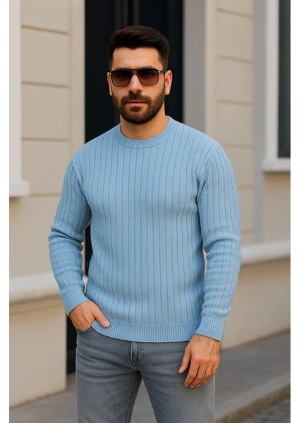Erkek Bisiklet Yuvarlak Yaka Triko Kazak Pamuklu Kalın Fitilli Dokuma, Regular Fit Uzun Kollu Kış fiyatları