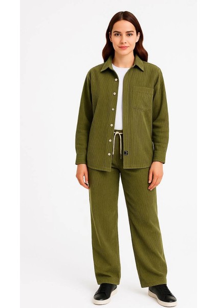 Kadife Oversize Takım – Gömlek ve Pantolon Ikili Set Füme Corduroy Şıklığı, Rahat ve Zari fırsatları