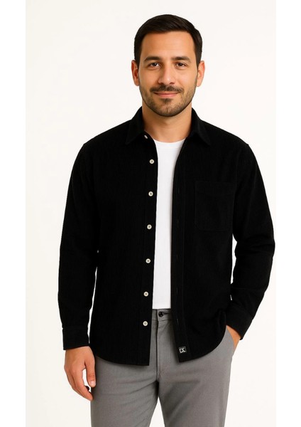 Erkek Fitilli Kadife Cepli Gömlek Oversize Rahat Kalıp - Siyah modelleri