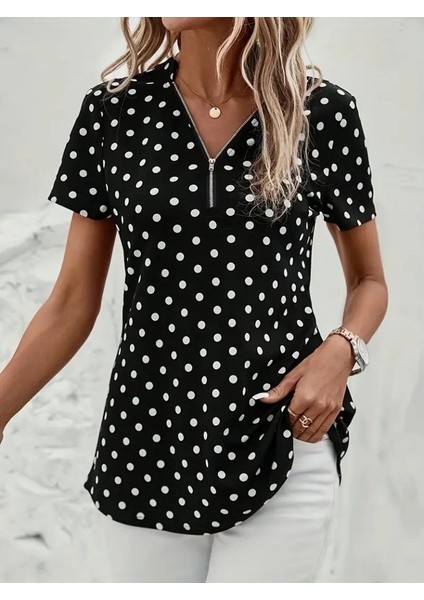 Kadın Kısa Kollu Yakadan Fermuarlı Puantiyeli Uzun Dokuma Viskon Bluz fiyatları