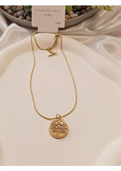 14 K Kaplama Antik Desen Figürlü Çelik Kolye