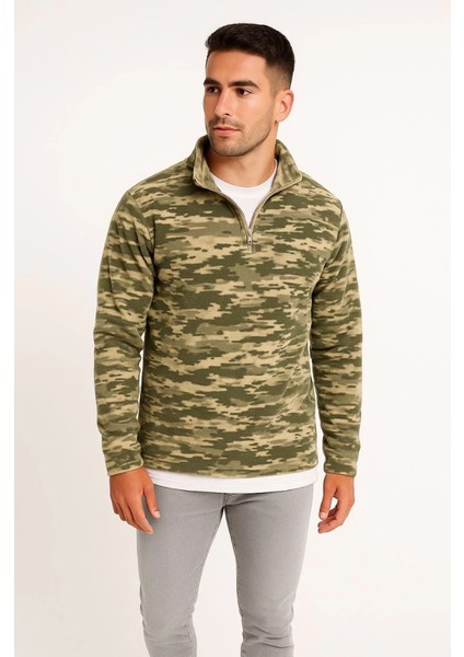 Erkek Yarım Fermuarlı Desenli Polar Sweat – Haki Kamuflaj Yakalı, Uzun Kollu, Oversize Rahat Ka
