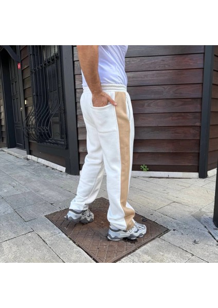 Erkek Üç Iplik Kışlık Pamuklu Yandan Garneli Kalın Bej Şeritli Cepli Eşofman Altı - Beyaz fırsatları