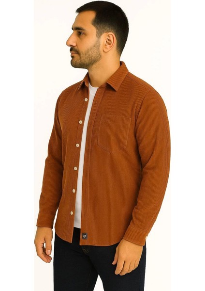 Erkek Fitilli Kadife Cepli Gömlek Oversize Rahat Kalıp - Kahverengi