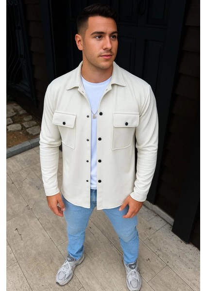 Erkek Diagonal Kumaş Cepli Çıtçıtlı Uzun Kollu, Gömlek Oversize Rahat Kalıp Günlük Şık S