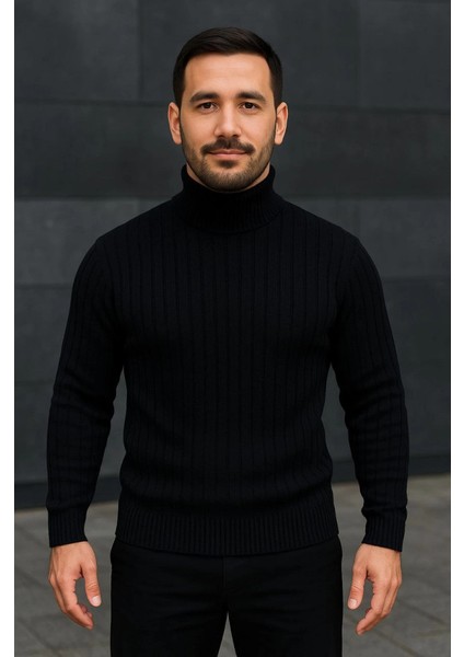 Erkek Balıkcı Yaka Bağazlı Triko Kazak Pamuklu Kalın Fitilli Dokuma, Regular Fit Uzun Kollu Kı fırsatları