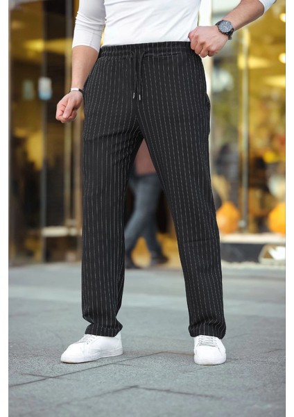 Erkek Cizgili Dokuma Krep Jogger Buggy Pantalon Rahat Kalıp - Siyah modelleri