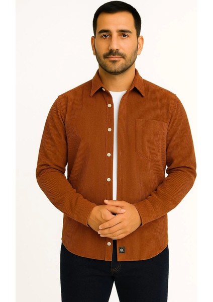 Erkek Fitilli Kadife Cepli Gömlek Oversize Rahat Kalıp - Kahverengi fiyatları