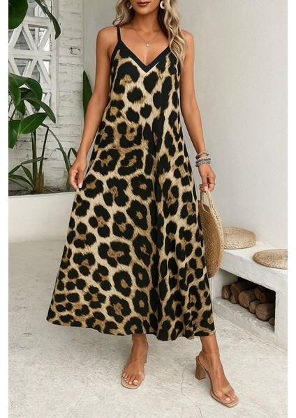 Kadın Ip Askılı Geniş V Yakalı Leopar Desenli Süprem Elbise