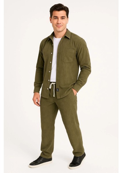 Erkek Kadife Oversize Takım – Gömlek ve Pantolon Ikili Set Füme Corduroy Şıklığı, Rahat V