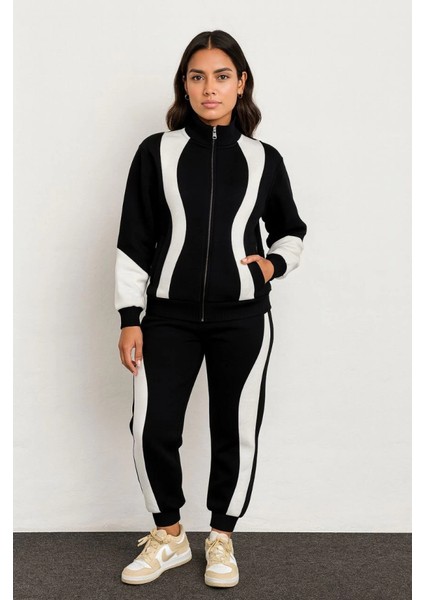 Premium Parçalı Eşofman Takım - Dik Yaka Fermuarlı Sweatshirt - Siyah fırsatları