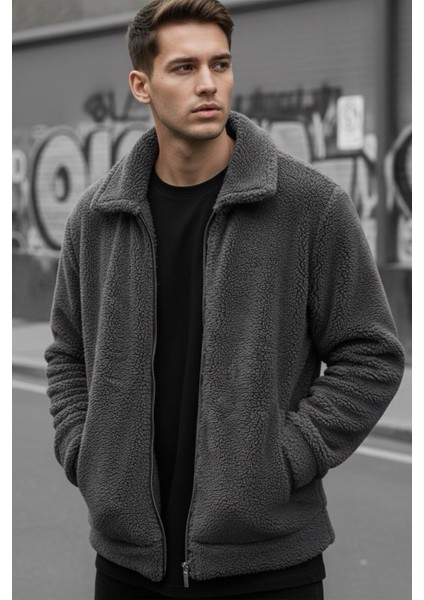 Harris Peluş Içi Polarlı Tam Fermuarlı Gömlek Yaka Kalın Erkek Hırka Sweatshirt Polar