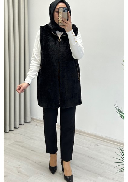 Noshe Kapüşonlu Gold Fermuar ve Cep Detaylı Astarlı Angora Yelek Siyah
