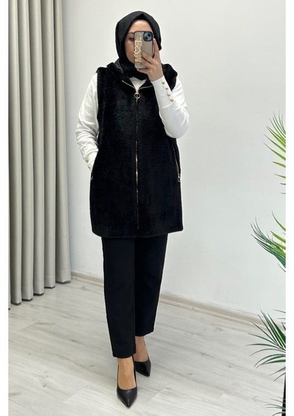 Noshe Kapüşonlu Gold Fermuar ve Cep Detaylı Astarlı Angora Yelek Siyah fiyatları