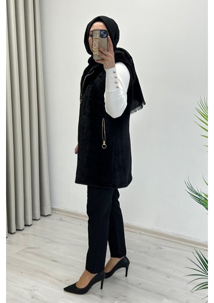 Noshe Kapüşonlu Gold Fermuar ve Cep Detaylı Astarlı Angora Yelek Siyah modelleri