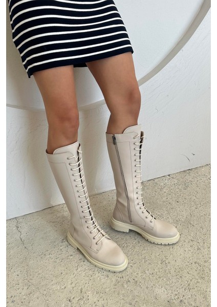 Darwin Kadın Bağcıklı Deri Postal Çizme Bej