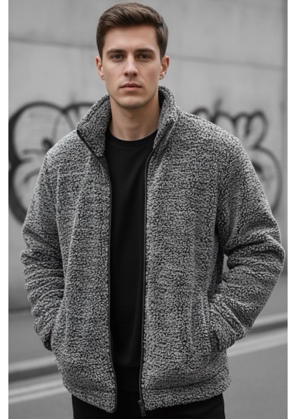 Harris Peluş Içi Polarlı Tam Fermuarlı Gömlek Yaka Kalın Erkek Hırka Sweatshirt Polar