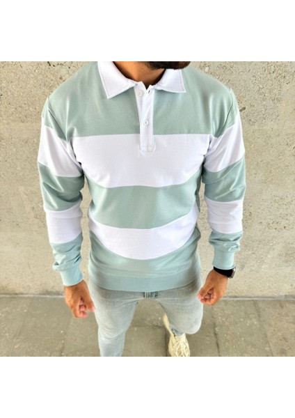 Erkek Polo Yaka Uzun Kollu Çizgili Sweatshirt Trend Rugby Stil - Çağla Yeşili fırsatları
