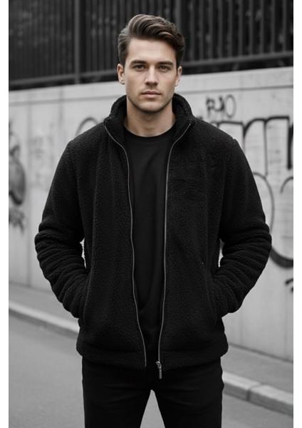 Harris Peluş Içi Polarlı Tam Fermuarlı Gömlek Yaka Kalın Erkek Hırka Sweatshirt Polar