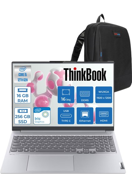 Thinkbook 16 Gen4+ Iap Intel Core I5 1235U 4.4ghz 16GB Ddr5 256GB SSD Freedos Iris Xe Graphics 16" Wuxga (1920X1200) IPS 300NITS Taşınabilir Bilgisayar T21CY0063TXF01 + Zetta Çanta