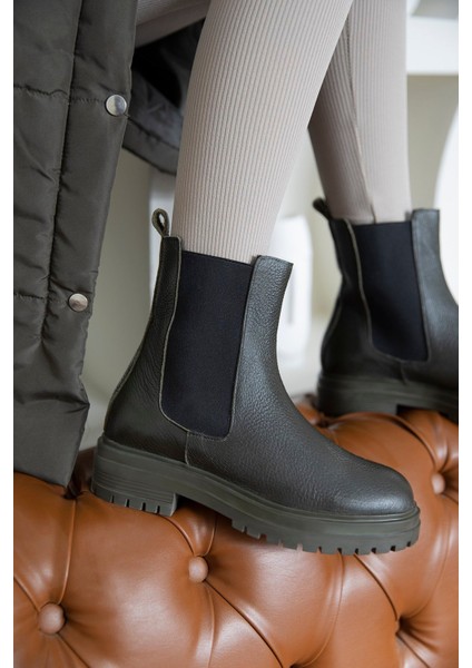 Helen Kadın Lastik Detay Hakiki Deri Postal Bot Haki modelleri