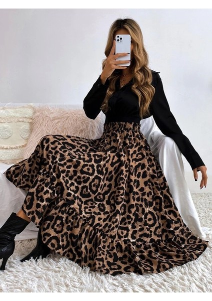 Kadın Uzun Kollu Kruvaze Yakalı Ithal Krep Bluz ve Leopar Desenli Süprem Uzun Elbise