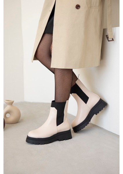 Embers Kadın Lastik Detay Deri Postal Bot Bej-Siyah fiyatları