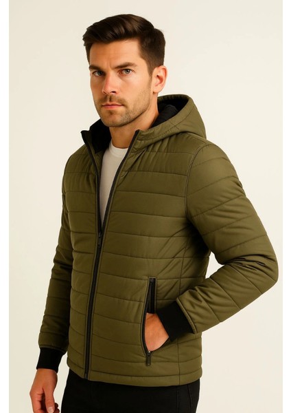 Erkek Şişme Kapüşonlu Fermuarlı Mont Su Itici Kapitone Astarlı Kumaş Cepli Kışlık Rahat Ka